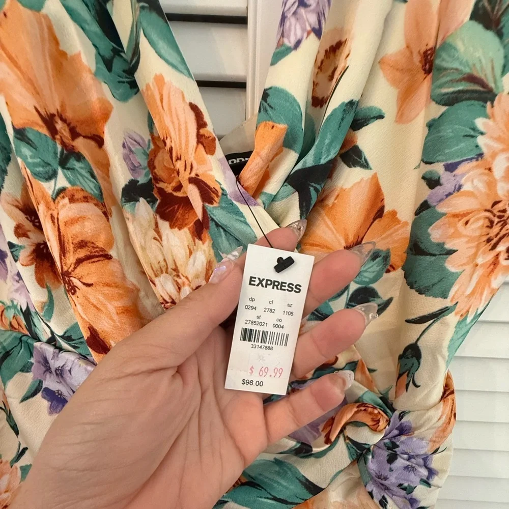 Express NWT Hi Low Satin Floral Midi Faux Wrap Wedding Guest Dress Women’s XL - Picture 3 of 4